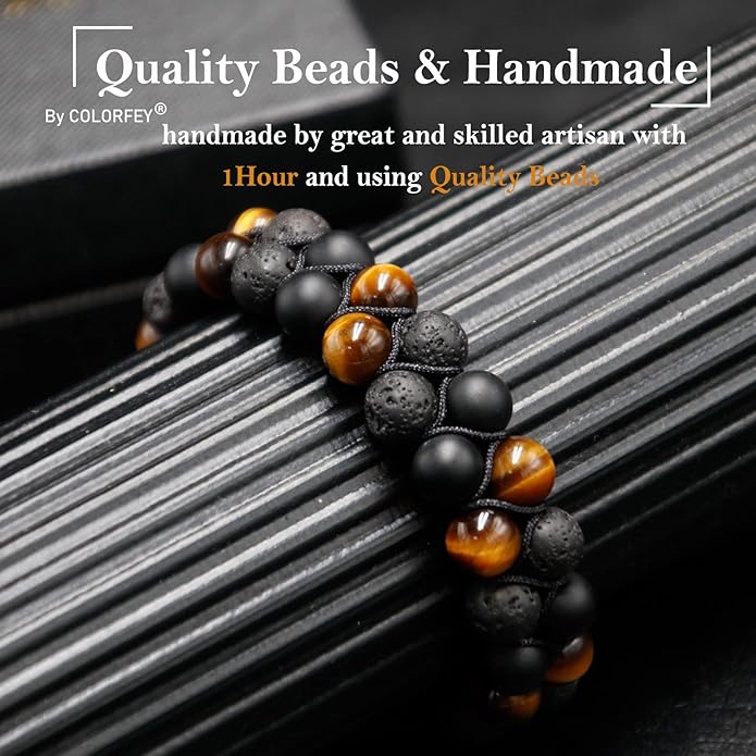Triple Protection Bracelet for Men Women, Genuine Premium Tiger Eye Black Onyx and Lava Rock 8mm Handmade Bead Bracelet Healing Crystal Protection Bracelets Bring Luck and Prosperity and Happiness