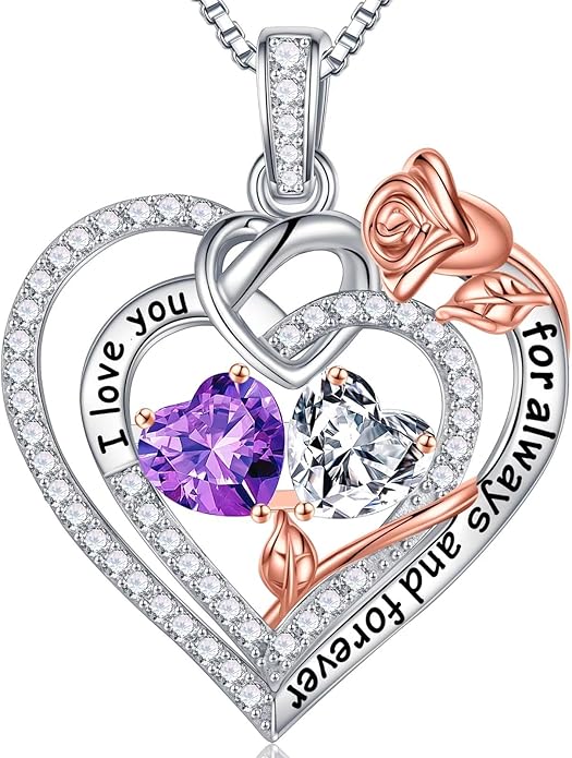 Iefil Rose Heart Necklace Gifts for Wife Women - 925 Sterling Silver Double Birthstone Necklace, Anniversary Birthday Gifts for Women, Jewelry Gift for Wife Girlfriend Mom Her