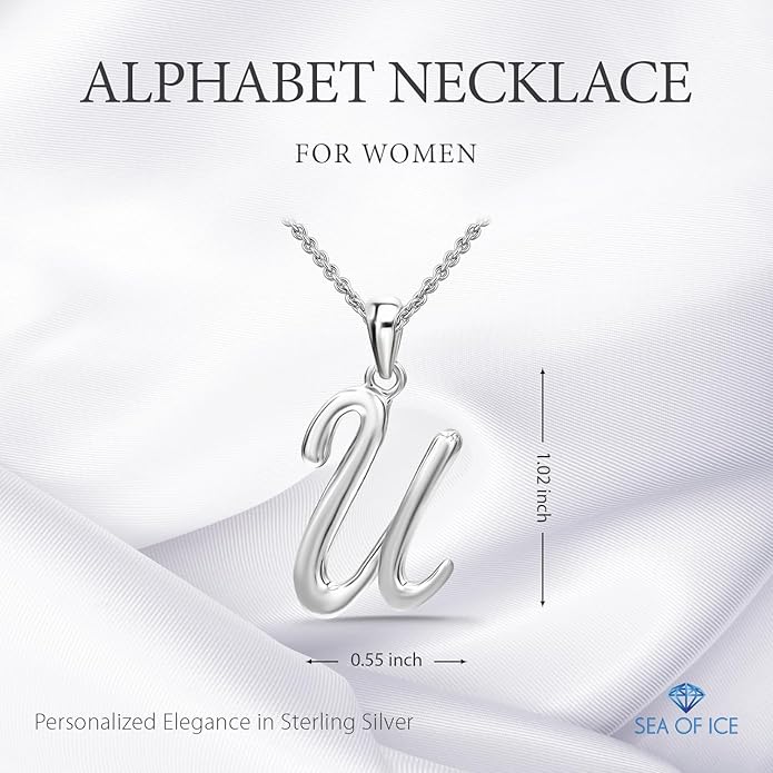 SEA OF ICE Letter Initial Necklace, Alphabet Letter Pendant Necklace, Sterling Silver, Gold, Rose Gold Necklace for Women, Elegant Initial Necklaces, Personalized Custom Women's Necklaces
