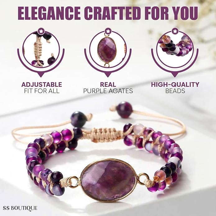 "SS Boutique" Purple Agates Healing Bracelet, Handmade Braided Gemstone Bangle for Meditation, Energy, Spiritual Protection & Mental Balance - 1pc Yoga Bracelet with Premium Gift Box