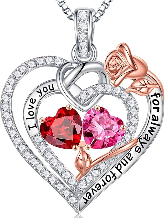 Iefil Rose Heart Necklace Gifts for Wife Women - 925 Sterling Silver Double Birthstone Necklace, Anniversary Birthday Gifts for Women, Jewelry Gift for Wife Girlfriend Mom Her