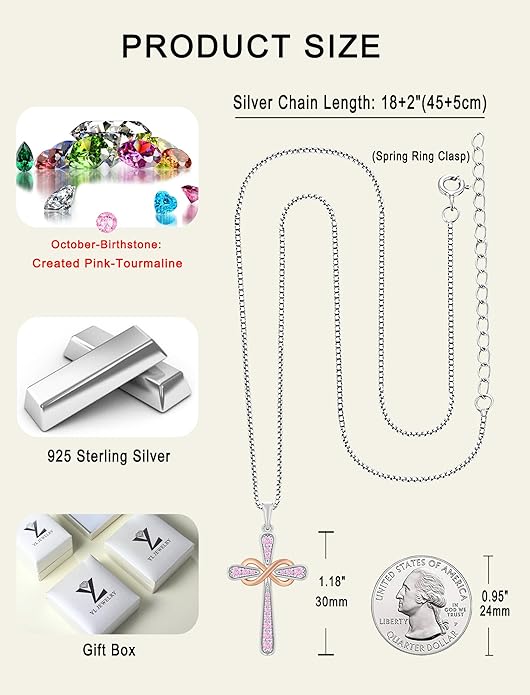 YL 925 Sterling Silver Cross Necklace for Women Halo Infinity Pendant Birthstone Jewelry for Mom