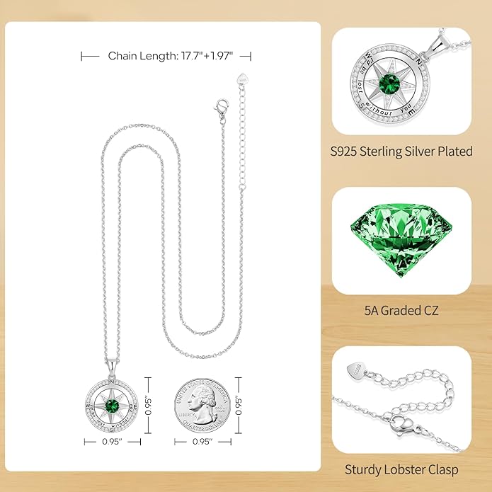 Peeshow Gifts for Women Wife-Compass Birthstone Necklace Gift for Wife Birthday Wedding Anniversary Women Jewelry for Her Girlfriend S925 Sterling Silver