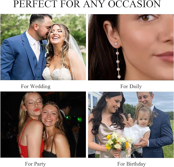 Pearl Earrings，4mm 5mm 6mm Gold/Silver Dangle Earrings for Women White Long Drop Pearl Dangling Earrings Bridal Wedding Dainty Prom Earrings Birthday Gifts Jewelry