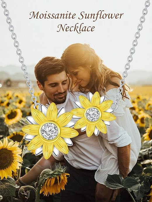 Sunflower Necklace for Women, 18K Gold Plated Silver Moissanite Sunflower Heart/Cross Pendant Necklace You are My Sunshine Gifts Sunflower Jewelry Birthday Christmas Mothers Day Gifts for Her Girlfriend Wife