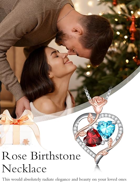 Jewelry for Her Double Heart Rose Birthstone Pendant Necklace Anniversary Jewelry Christmas Birthday Gifts for Women Wife Girlfriend
