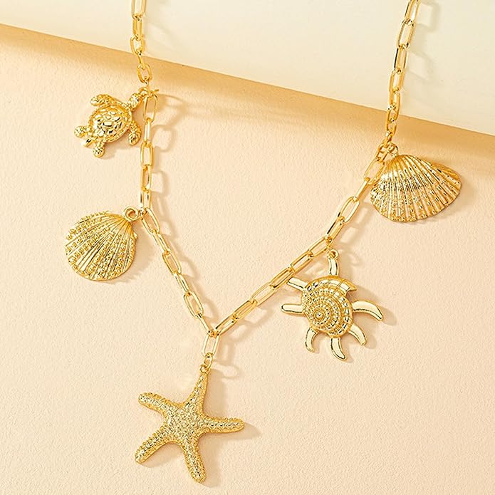 Choistily Charm Necklace Dainty Gold Western Outfit Beach Jewelry for Women Trendy Cowgirl Accessories for Women Gold Bow Sea Shell Pendant Necklace Preppy Stuff Summer Jewelry 2025