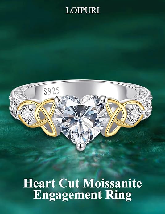 2Ct Moissanite Engagement Ring for Women, D Color VVS1, Heart Shaped Celtic Style, 925 Sterling Silver Wedding Anniversary Promise Gift