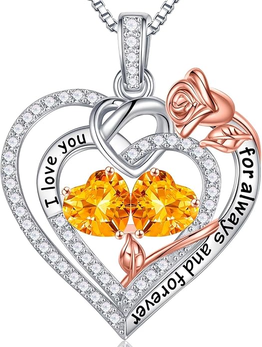 Iefil Rose Heart Necklace Gifts for Wife Women - 925 Sterling Silver Double Birthstone Necklace, Anniversary Birthday Gifts for Women, Jewelry Gift for Wife Girlfriend Mom Her
