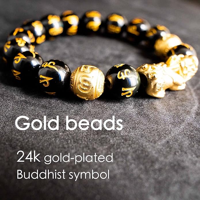 Feng Shui Bracelet 24K Gold Plated PiXiu, Colored Eyes Obsidian Dragon Protection Bracelet Meditation Decompression Prayer Beads Lucky Wealth Bracelets for Men Women(12mm)