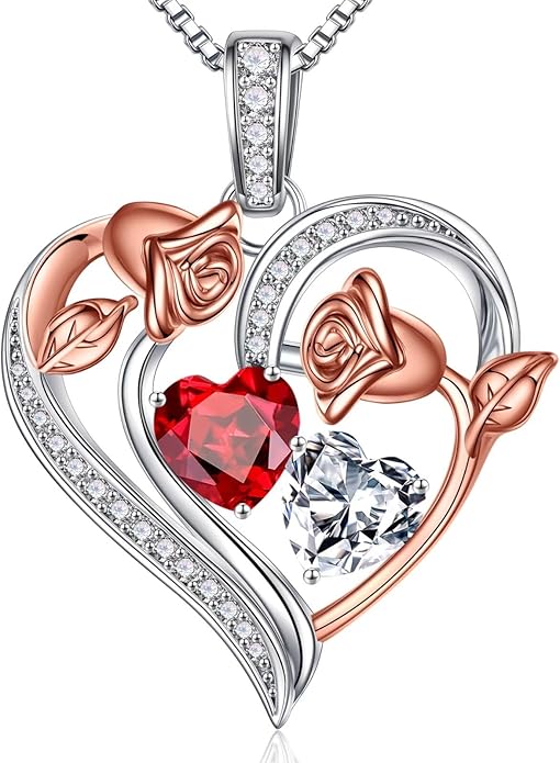Iefil Birthstone Necklace for Women - 925 Sterling Silver Rose Heart Necklace, Birthstone Jewelry, Anniversary Birthday Gifts for Wife Girlfriend Mom Daughter