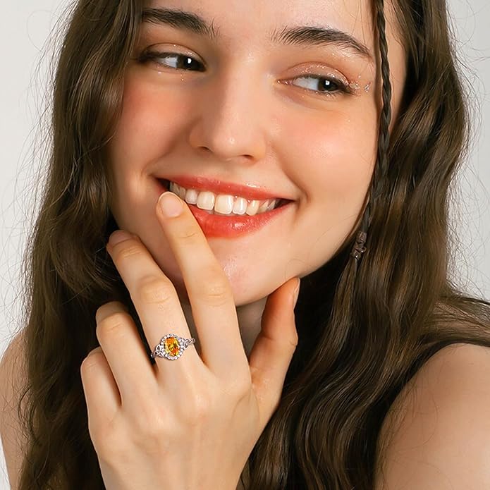 DAYBYDAY Celtic Birthstone Rings for Women 925 Sterling Silver Heart/Round/Pear/Oval Created Gemstone Moissanite Halo Engagement Promise Rings for Her Wife Birthday Anniversary Wedding Jewelry