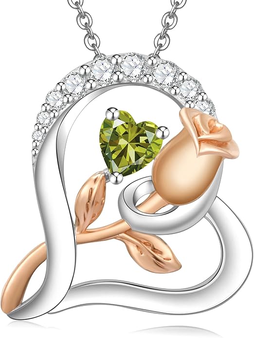 Rose Flower Heart Birthstone Necklaces for Women, 925 Sterling Silver Anniversary Jewelry, Pendant Heart Necklaces Birthday Anniversary Christmas Gift for Women Wife Mom Girlfriend Lady
