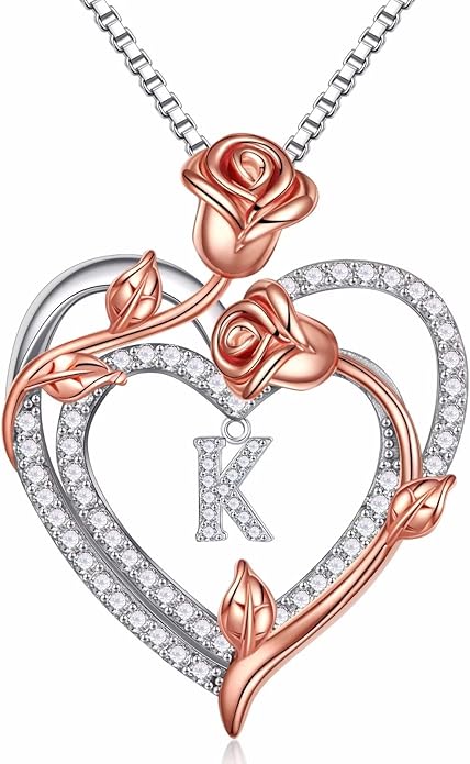 Iefil Rose Heart Necklaces Gifts for Women, 925 Sterling Silver Rose Heart Initial Letter Necklace for Her Mom Wife Girlfriend