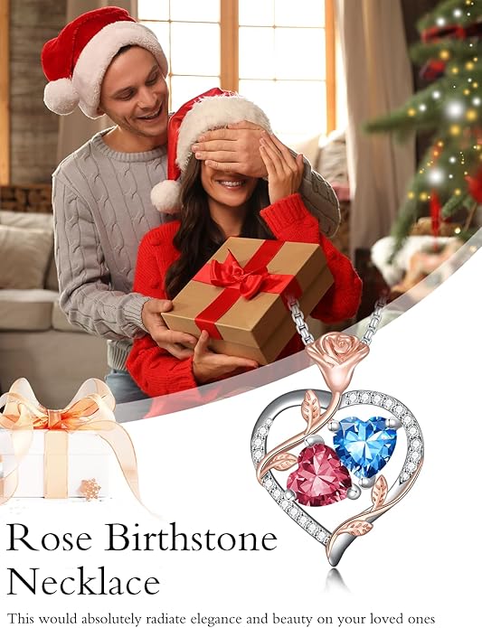 Jewelry for Her Double Heart Rose Birthstone Pendant Necklace Anniversary Jewelry Christmas Birthday Gifts for Women Wife Girlfriend