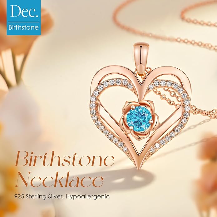CDE S925 Silver Rose Gold Heart Birthstone Necklaces for Women，Ideal Anniversary or Birthday Jewelry Gifts for Wife Girlfriend Her
