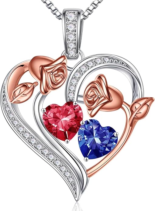 Iefil Birthstone Necklace for Women - 925 Sterling Silver Rose Heart Necklace, Birthstone Jewelry, Anniversary Birthday Gifts for Wife Girlfriend Mom Daughter