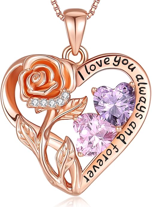 925 Sterling Silver Double Birthstone Rose Flower Heart Jewelry Necklaces for Women Anniversary Love Forever Necklaces for Her Birthday Gifts for Wife Girlfriend Mom Mothers Day Rose Gold