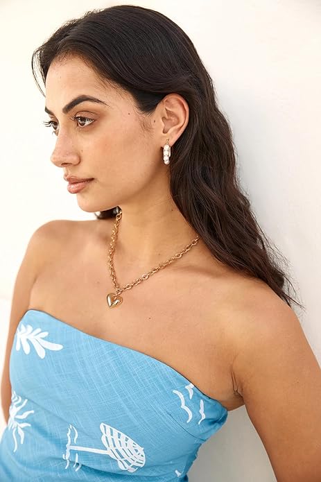 18k Gold Chain Link Necklace for Women, Baroque Pearl/Compass Pendant Necklace