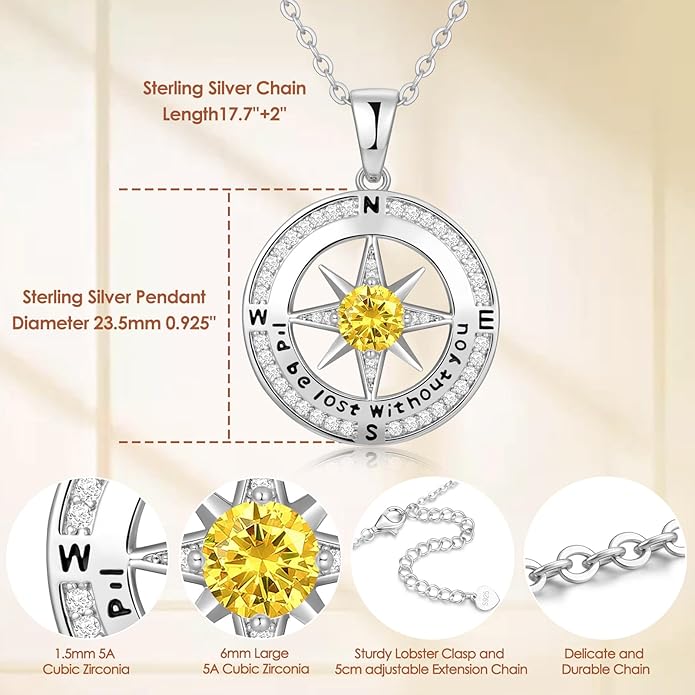 Compass Necklace Gifts for Women wife - S925 Sterling Silver Birthstone Necklaces for Women - Anniversary Birthday Gifts for Her Wife Girlfriend - Valentines Mom Mothers Day Christmas Gifts Jewelry for Women