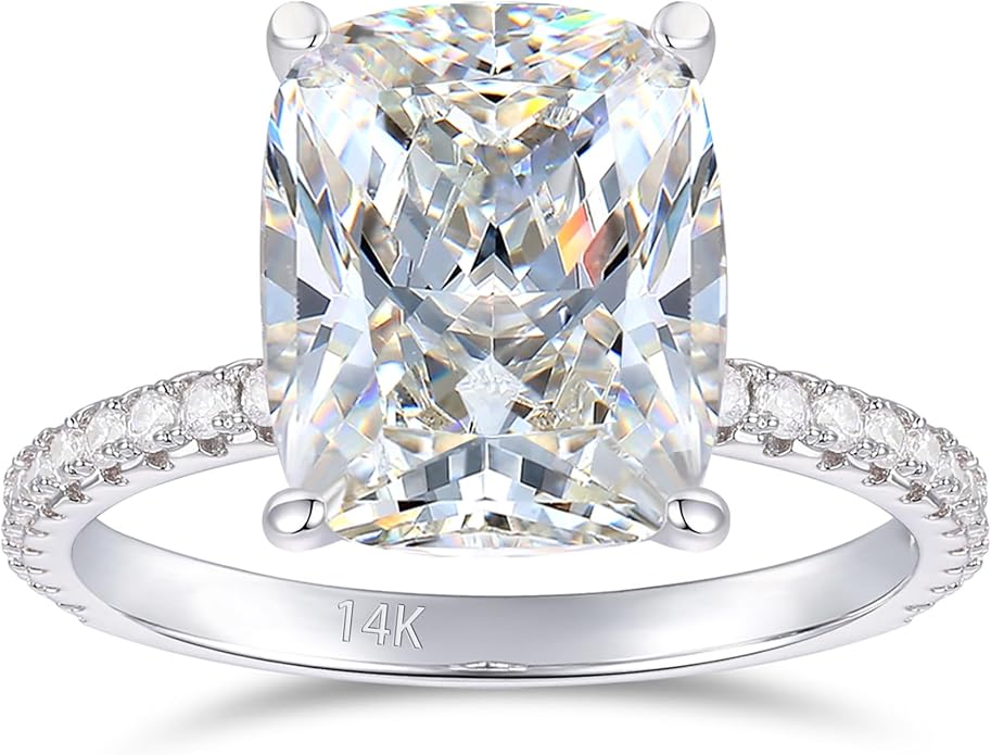 14K Gold Moissanite Engagement Rings, 4CT Elongated Cushion Cut Moissanite Rings, Classic 4-Prong White Gold Moissanite Engagement Rings for Women