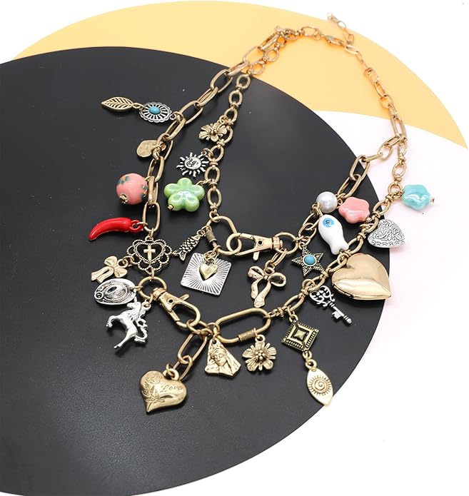 Chunky Retro Heart Necklace for Women Antique Layer Beach Ocean Moon Stars Western Boho Charm Necklaces Retro Link Chain Jewelry