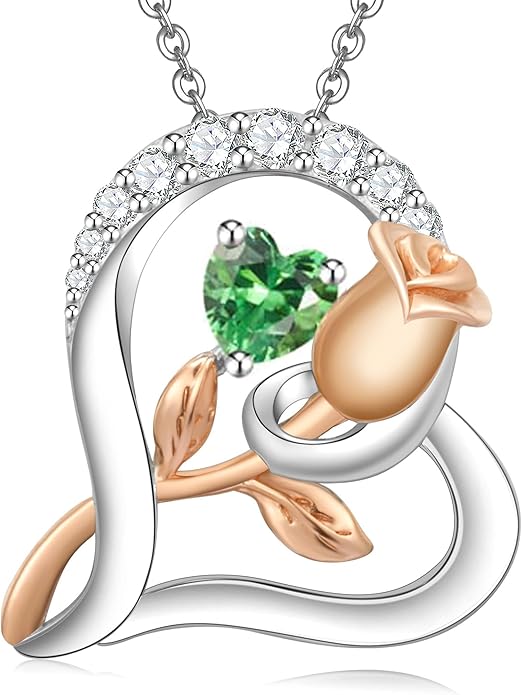 Rose Flower Heart Birthstone Necklaces for Women, 925 Sterling Silver Anniversary Jewelry, Pendant Heart Necklaces Birthday Anniversary Christmas Gift for Women Wife Mom Girlfriend Lady