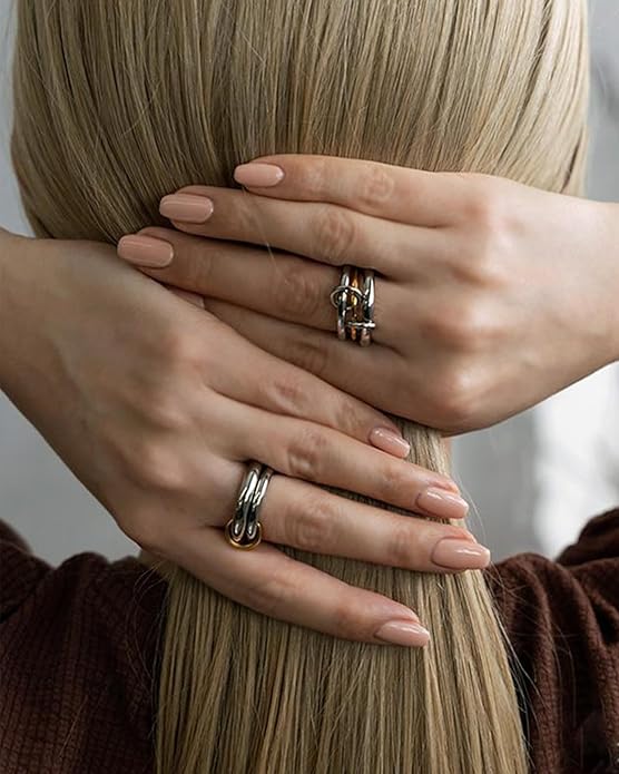 TLY Stackable Gold Rings for Women Non Tarnish 18K Gold Plated Interlocking Ring Stack Set Gold Silver Mixed Metal Statement Rings Dainty Cubic Zirconia CZ Fashion Connected Band Thumb Ring Size 4-11 Jewelry Gift for Women