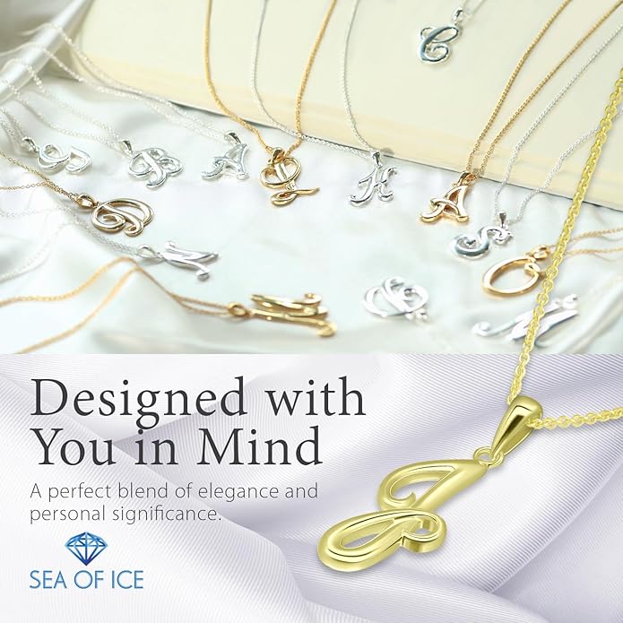 SEA OF ICE Letter Initial Necklace, Alphabet Letter Pendant Necklace, Sterling Silver, Gold, Rose Gold Necklace for Women, Elegant Initial Necklaces, Personalized Custom Women's Necklaces