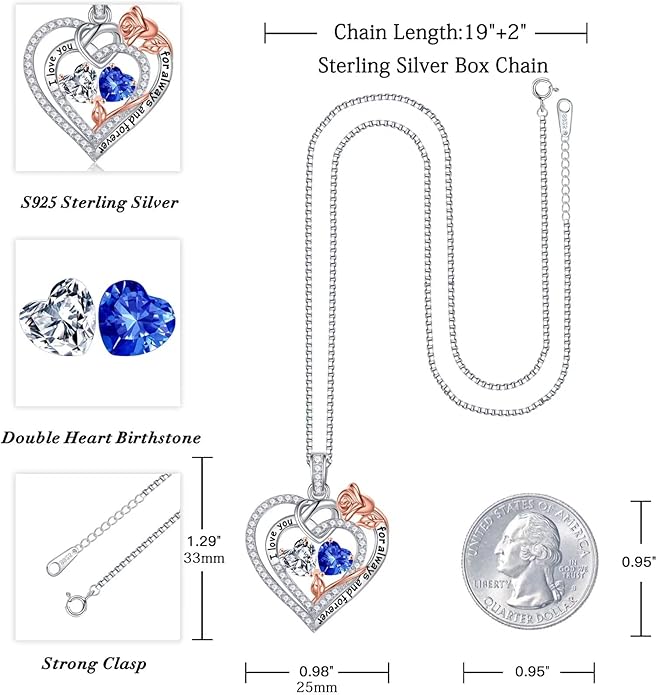 Iefil Rose Heart Necklace Gifts for Wife Women - 925 Sterling Silver Double Birthstone Necklace, Anniversary Birthday Gifts for Women, Jewelry Gift for Wife Girlfriend Mom Her