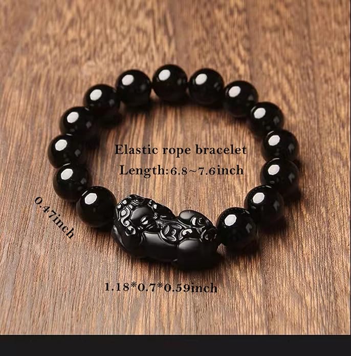 Black Obsidian Bracelet,Feng Shui Black Obsidian Wealth Bracelet for Women Men Stretch Obsidian Bracelet Bangle with Pixiu Tiger Eye Stone Attract Wealth Money and Good Luck