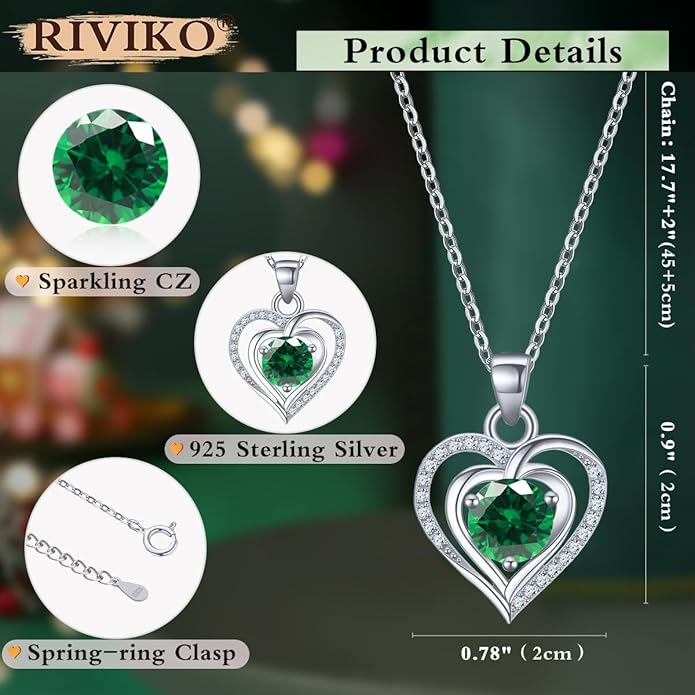 RIVIKO Heart Birthstone Pendant Necklace for Women 925 Sterling Silver Zirconia Necklaces Wedding Anniversary Birthday Mothers Day Jewelry Gifts For Her Mother Wife