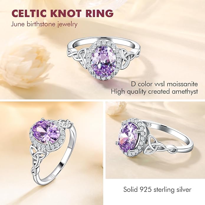 DAYBYDAY Celtic Birthstone Rings for Women 925 Sterling Silver Heart/Round/Pear/Oval Created Gemstone Moissanite Halo Engagement Promise Rings for Her Wife Birthday Anniversary Wedding Jewelry
