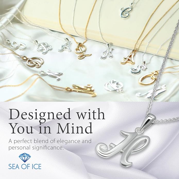 SEA OF ICE Letter Initial Necklace, Alphabet Letter Pendant Necklace, Sterling Silver, Gold, Rose Gold Necklace for Women, Elegant Initial Necklaces, Personalized Custom Women's Necklaces