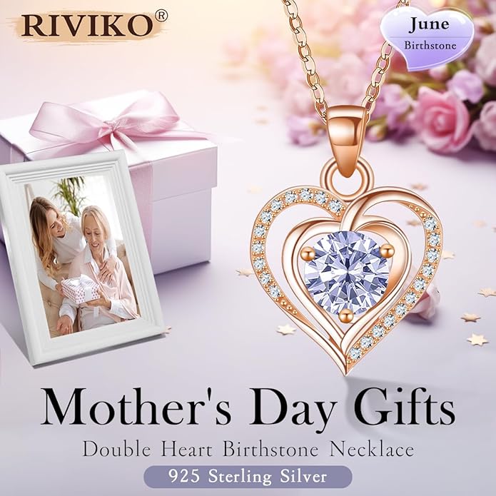 RIVIKO Heart Birthstone Pendant Necklace for Women 925 Sterling Silver Zirconia Necklaces Wedding Anniversary Birthday Mothers Day Jewelry Gifts For Her Mother Wife