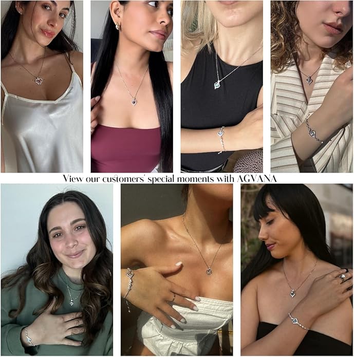 AGVANA Birthstone Necklace for Women Sterling Silver Rose Flower Heart Double Birthstone Jewelry Pendant Necklace Anniversary Birthday Gifts for Women Mom Wife Girlfriend Her