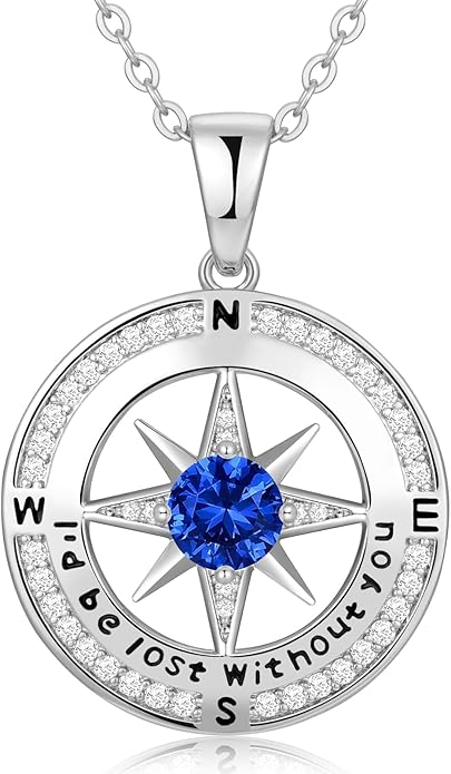 Compass Necklace Gifts for Women wife - S925 Sterling Silver Birthstone Necklaces for Women - Anniversary Birthday Gifts for Her Wife Girlfriend - Valentines Mom Mothers Day Christmas Gifts Jewelry for Women