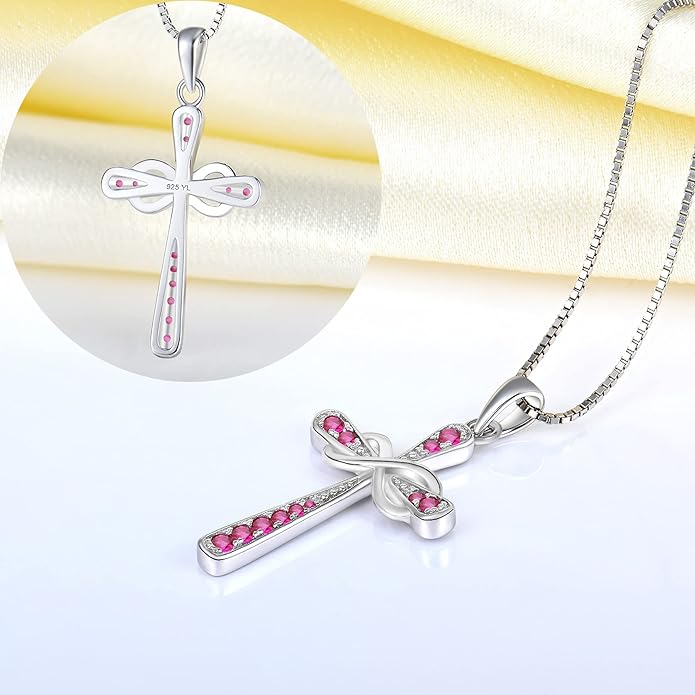 YL 925 Sterling Silver Cross Necklace for Women Halo Infinity Pendant Birthstone Jewelry for Mom