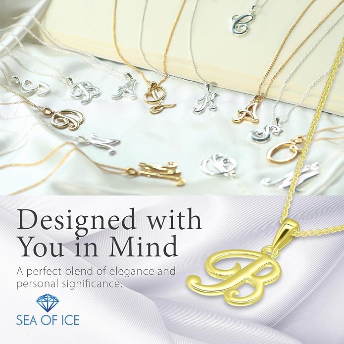 SEA OF ICE Letter Initial Necklace, Alphabet Letter Pendant Necklace, Sterling Silver, Gold, Rose Gold Necklace for Women, Elegant Initial Necklaces, Personalized Custom Women's Necklaces