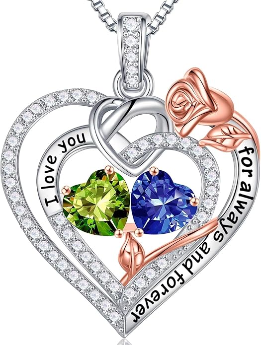 Iefil Rose Heart Necklace Gifts for Wife Women - 925 Sterling Silver Double Birthstone Necklace, Anniversary Birthday Gifts for Women, Jewelry Gift for Wife Girlfriend Mom Her