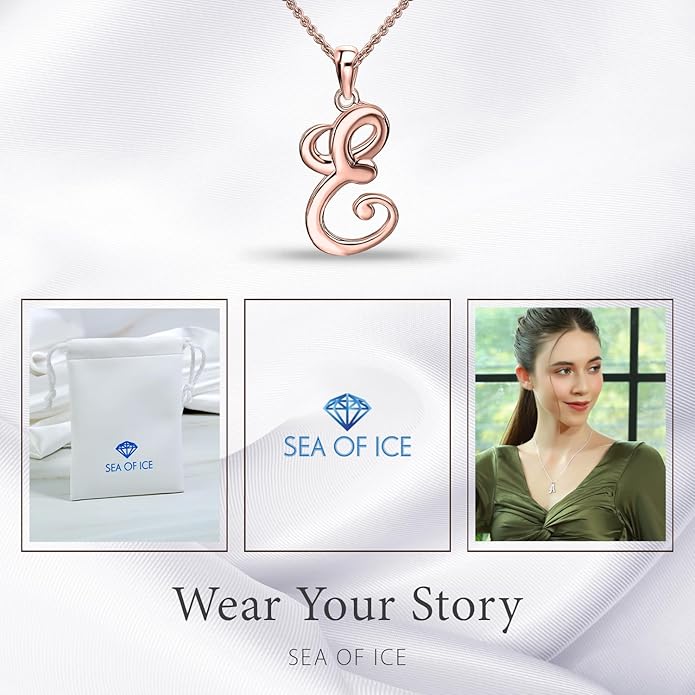 SEA OF ICE Letter Initial Necklace, Alphabet Letter Pendant Necklace, Sterling Silver, Gold, Rose Gold Necklace for Women, Elegant Initial Necklaces, Personalized Custom Women's Necklaces