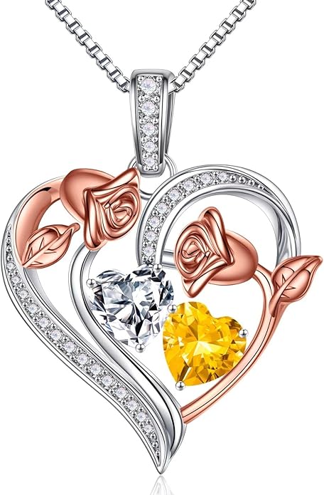 Iefil Birthstone Necklace for Women - 925 Sterling Silver Rose Heart Necklace, Birthstone Jewelry, Anniversary Birthday Gifts for Wife Girlfriend Mom Daughter