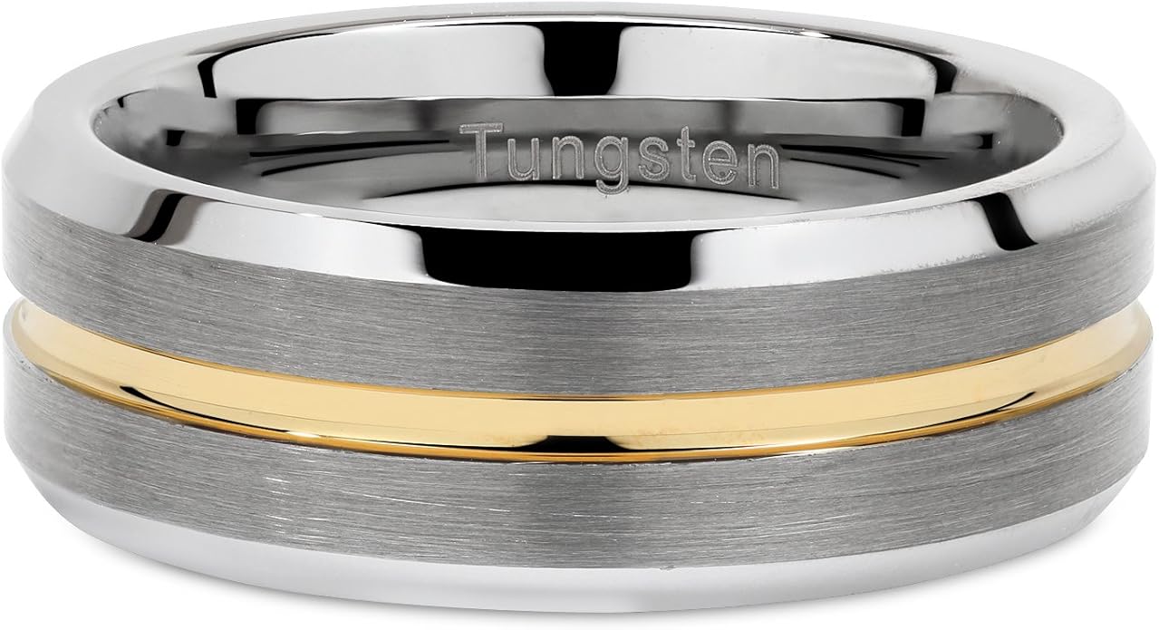 100S JEWELRY Tungsten Rings for Men Two Tone Silver Wedding Bands Gold Grooved Matte Finish Size 6-16