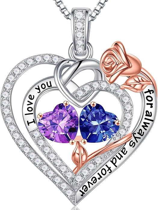 Iefil Rose Heart Necklace Gifts for Wife Women - 925 Sterling Silver Double Birthstone Necklace, Anniversary Birthday Gifts for Women, Jewelry Gift for Wife Girlfriend Mom Her
