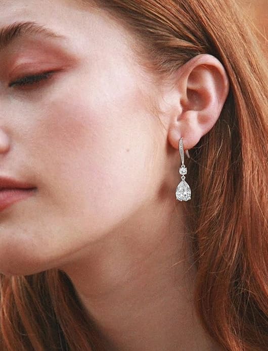 Drop Dangle Earrings for Women, Pear Cut Cubic Zirconia Long Teardrop Wedding Bridal Earrings, Silver Rose Gold Plated Copper Brass Micro Inlay CZ Gorgeous Plain Simple Fine Jewelry Gifts Box