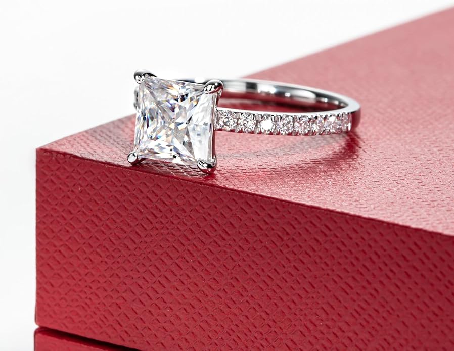 14K Solid Gold Side Stones Ring, Round/Princess Cut Centerpiece Moissanite Lab Grown Created Diamond, D Color and Flawless Real Gold Wedding Anniversary Ring