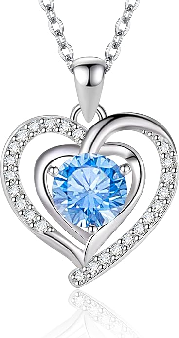 Heart Necklace, I Love You Always & Forever, Birthstone Cubic Zirconia Pendant, Gift for Women