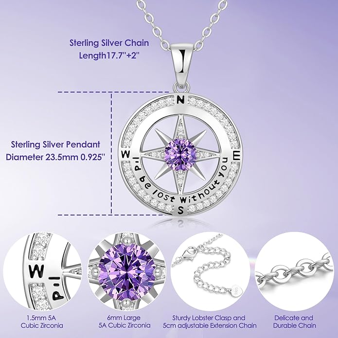 Compass Necklace Gifts for Women wife - S925 Sterling Silver Birthstone Necklaces for Women - Anniversary Birthday Gifts for Her Wife Girlfriend - Valentines Mom Mothers Day Christmas Gifts Jewelry for Women