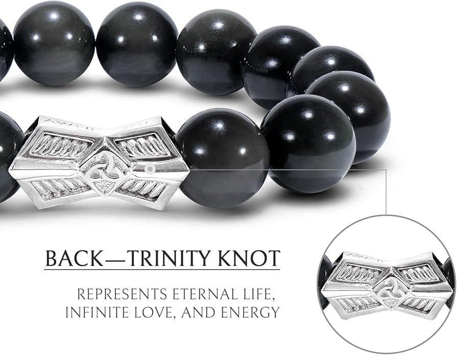 AWNL® Men's Beaded Bracelet with Sterling Silver Engraved Runes Charm 12mm Bronzite Dumortierite Obsidian Natural Gemstone Gift for Men, 6.1''-7.9''