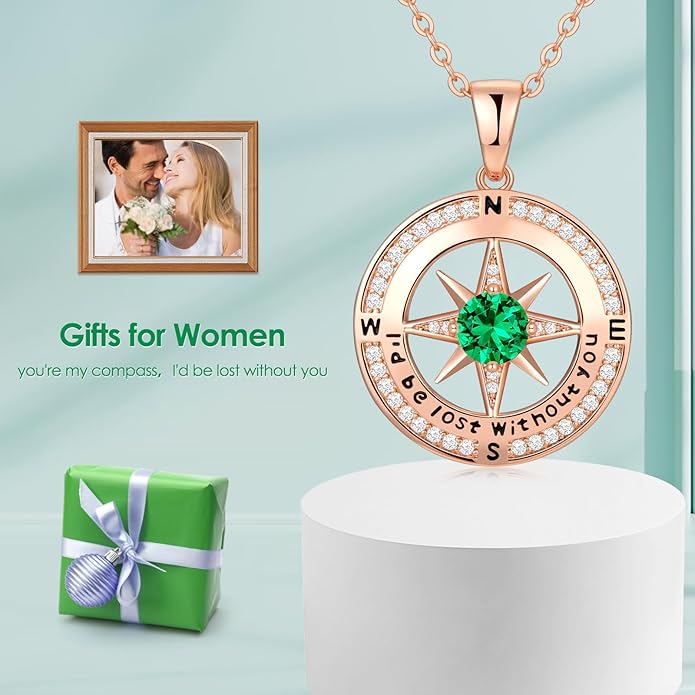 Compass Necklace Gifts for Women wife - S925 Sterling Silver Birthstone Necklaces for Women - Anniversary Birthday Gifts for Her Wife Girlfriend - Valentines Mom Mothers Day Christmas Gifts Jewelry for Women